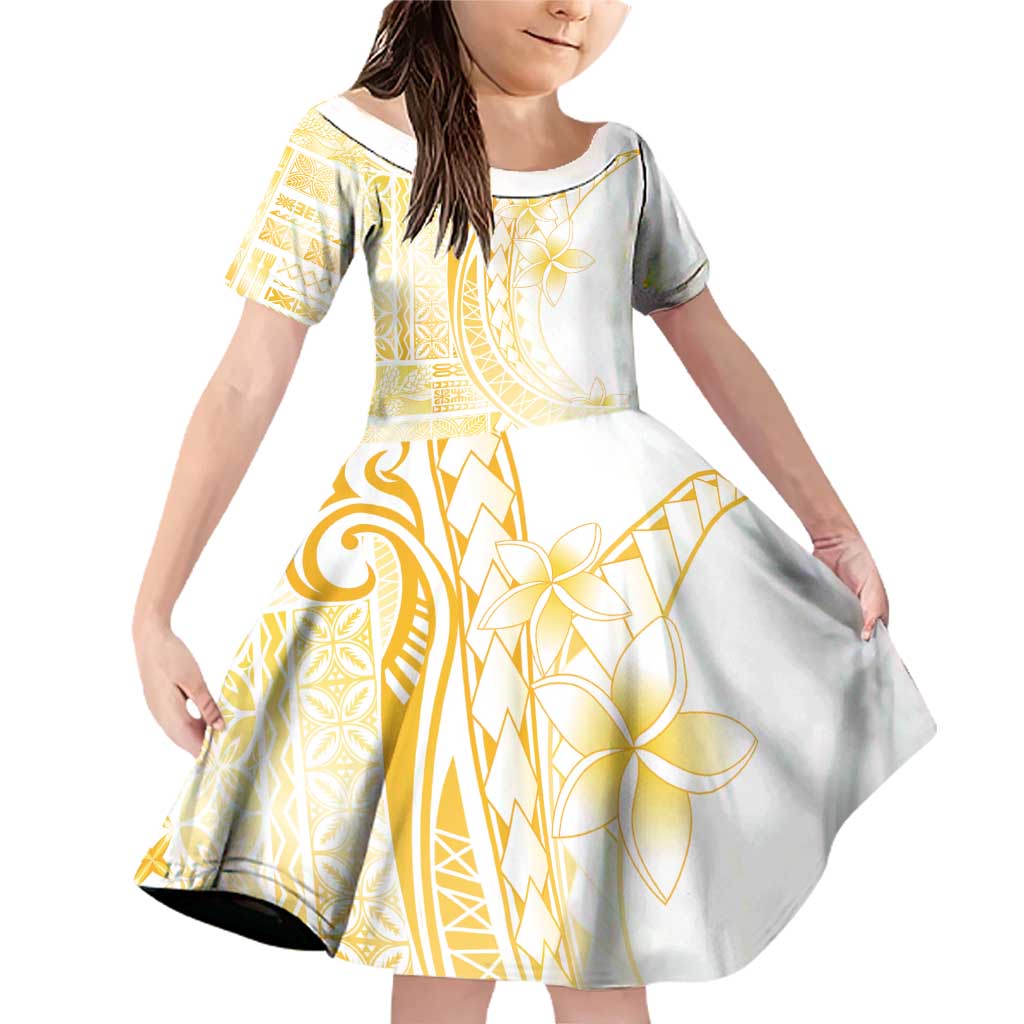 Samoa Siapo Mamanu Family Matching Off Shoulder Short Dress and Hawaiian Shirt Plumeria Fancy Gold Motifs LT7 Daughter's Dress Gold - Polynesian Pride