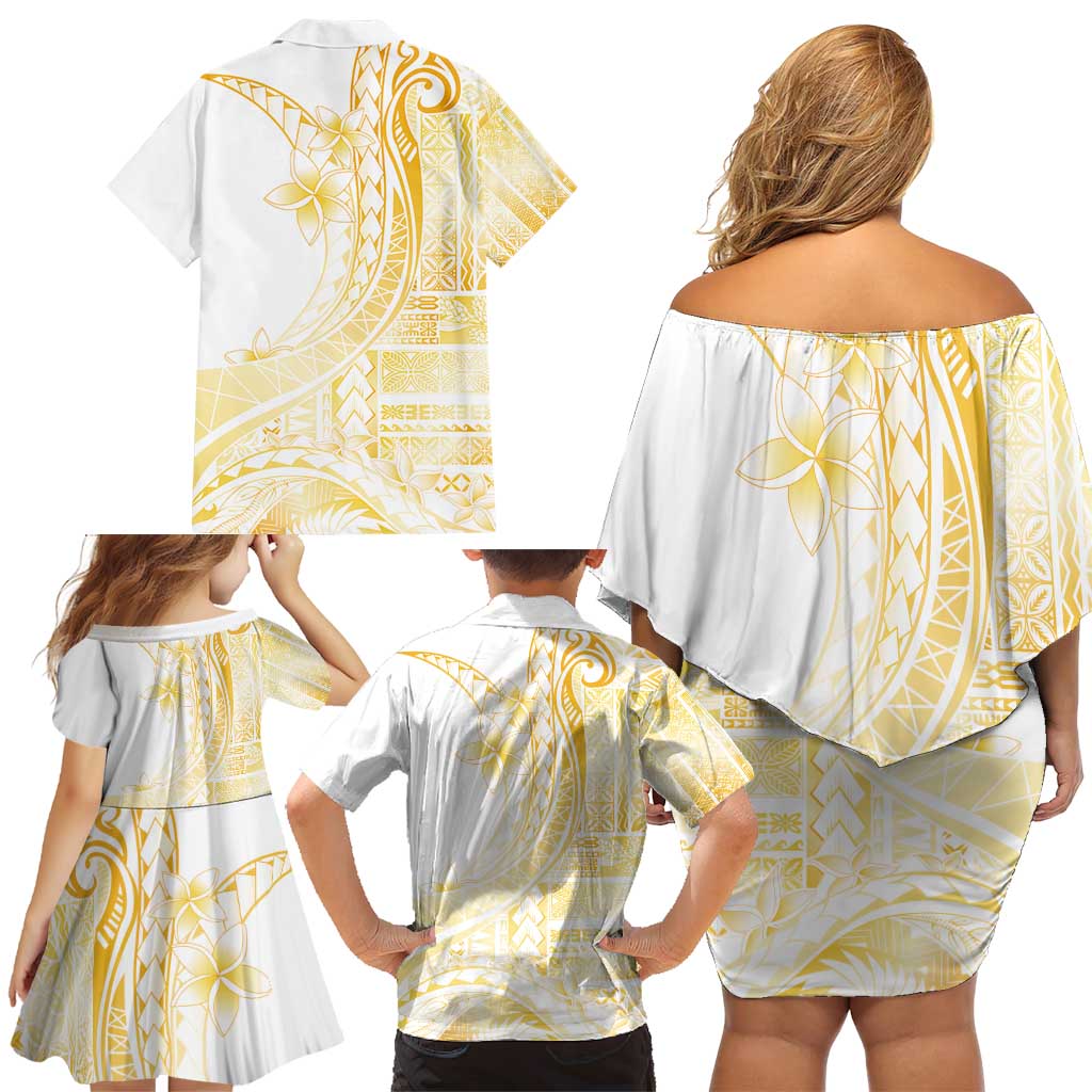 Samoa Siapo Mamanu Family Matching Off Shoulder Short Dress and Hawaiian Shirt Plumeria Fancy Gold Motifs LT7 - Polynesian Pride