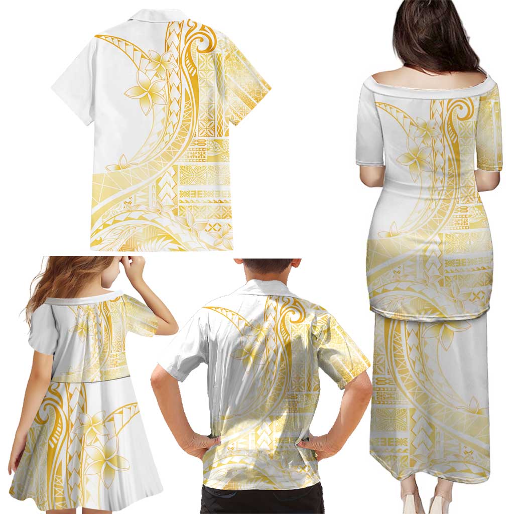 Samoa Siapo Mamanu Family Matching Puletasi and Hawaiian Shirt Plumeria Fancy Gold Motifs LT7 - Polynesian Pride