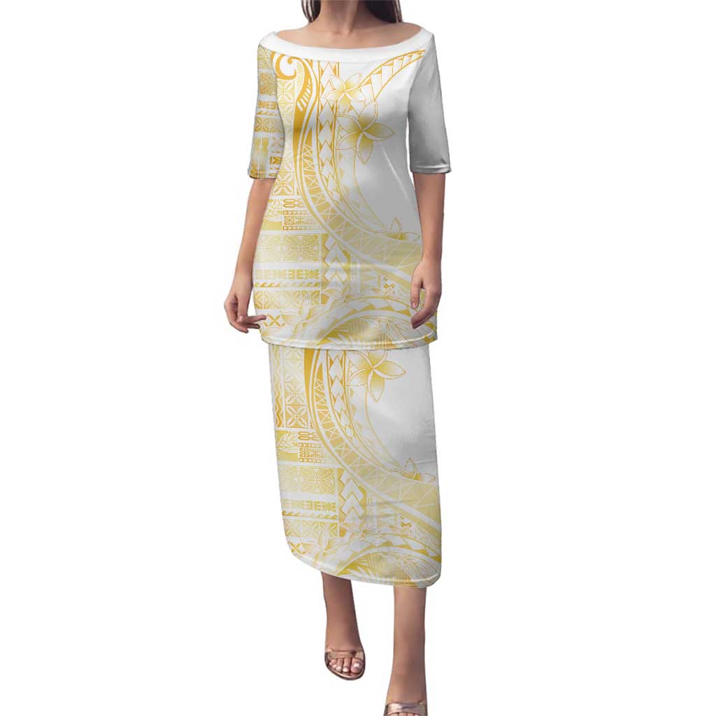 Samoa Siapo Mamanu Family Matching Puletasi and Hawaiian Shirt Plumeria Fancy Gold Motifs LT7 Mom's Dress Gold - Polynesian Pride