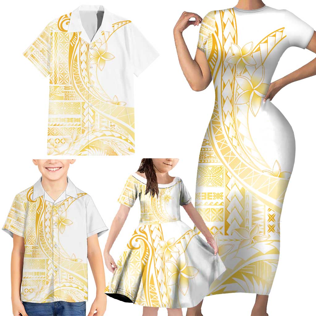 Samoa Siapo Mamanu Family Matching Short Sleeve Bodycon Dress and Hawaiian Shirt Plumeria Fancy Gold Motifs LT7 - Polynesian Pride