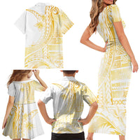 Samoa Siapo Mamanu Family Matching Short Sleeve Bodycon Dress and Hawaiian Shirt Plumeria Fancy Gold Motifs LT7 - Polynesian Pride