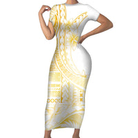 Samoa Siapo Mamanu Family Matching Short Sleeve Bodycon Dress and Hawaiian Shirt Plumeria Fancy Gold Motifs LT7 Mom's Dress Gold - Polynesian Pride