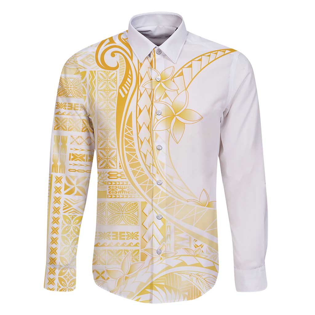 Samoa Siapo Mamanu Family Matching Summer Maxi Dress and Hawaiian Shirt Plumeria Fancy Gold Motifs LT7 Dad's Shirt - Long Sleeve Gold - Polynesian Pride