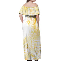 Samoa Siapo Mamanu Off Shoulder Maxi Dress Plumeria Fancy Gold Motifs