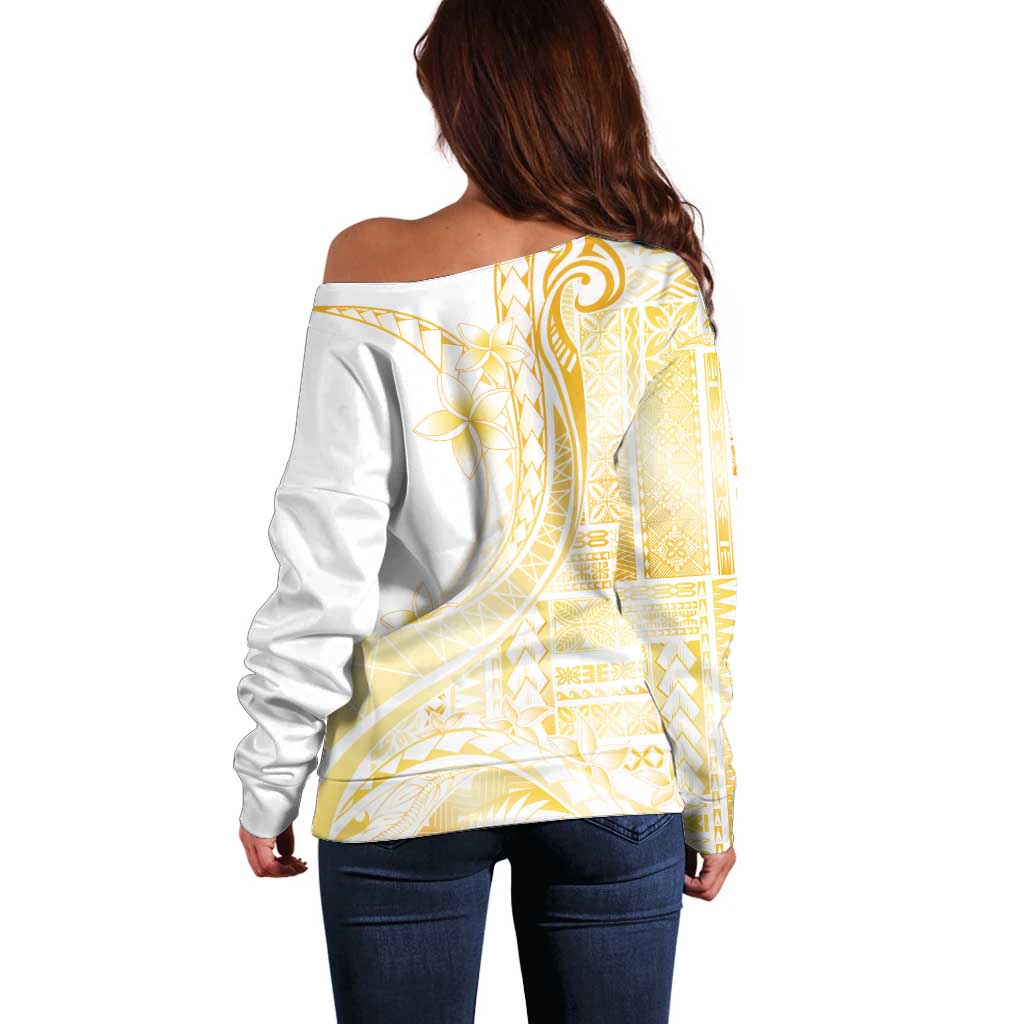 Samoa Siapo Mamanu Off Shoulder Sweater Plumeria Fancy Gold Motifs