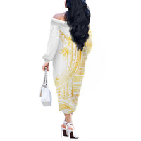 Samoa Siapo Mamanu Off The Shoulder Long Sleeve Dress Plumeria Fancy Gold Motifs LT7 - Polynesian Pride