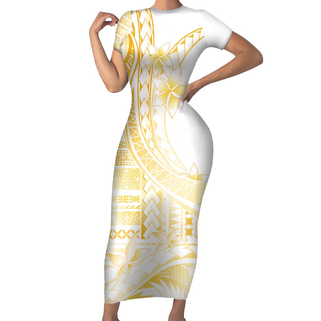 Samoa Siapo Mamanu Short Sleeve Bodycon Dress Plumeria Fancy Gold Motifs LT7 Long Dress Gold - Polynesian Pride