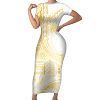 Samoa Siapo Mamanu Short Sleeve Bodycon Dress Plumeria Fancy Gold Motifs LT7 Long Dress Gold - Polynesian Pride
