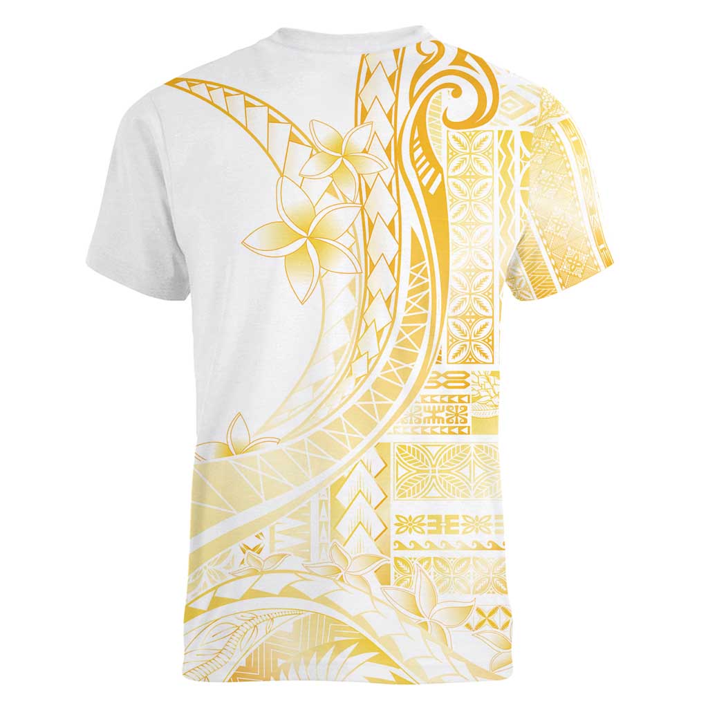 Samoa Siapo Mamanu Women V-Neck T-Shirt Plumeria Fancy Gold Motifs LT7 - Polynesian Pride