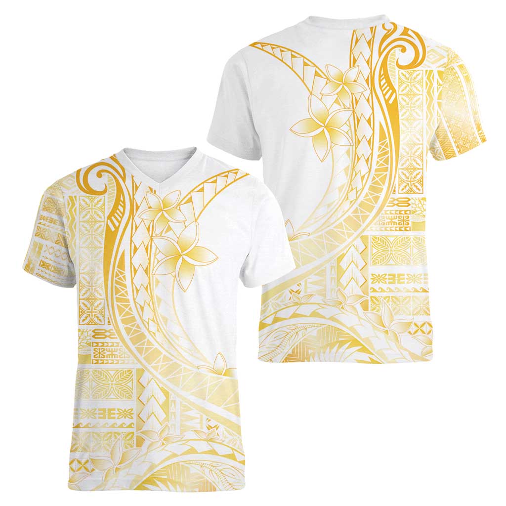 Samoa Siapo Mamanu Women V-Neck T-Shirt Plumeria Fancy Gold Motifs LT7 - Polynesian Pride