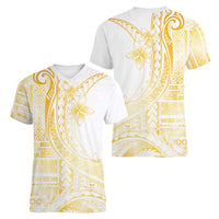 Samoa Siapo Mamanu Women V-Neck T-Shirt Plumeria Fancy Gold Motifs LT7 - Polynesian Pride