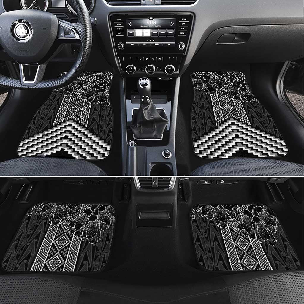 Aotearoa Taniko Pattern Car Mats Poutama Mix Kowhai Flowers LT7 Set 4pcs Grey - Polynesian Pride