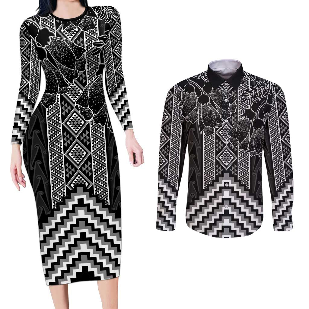 Aotearoa Taniko Pattern Couples Matching Long Sleeve Bodycon Dress and Long Sleeve Button Shirt Poutama Mix Kowhai Flowers LT7 Grey - Polynesian Pride