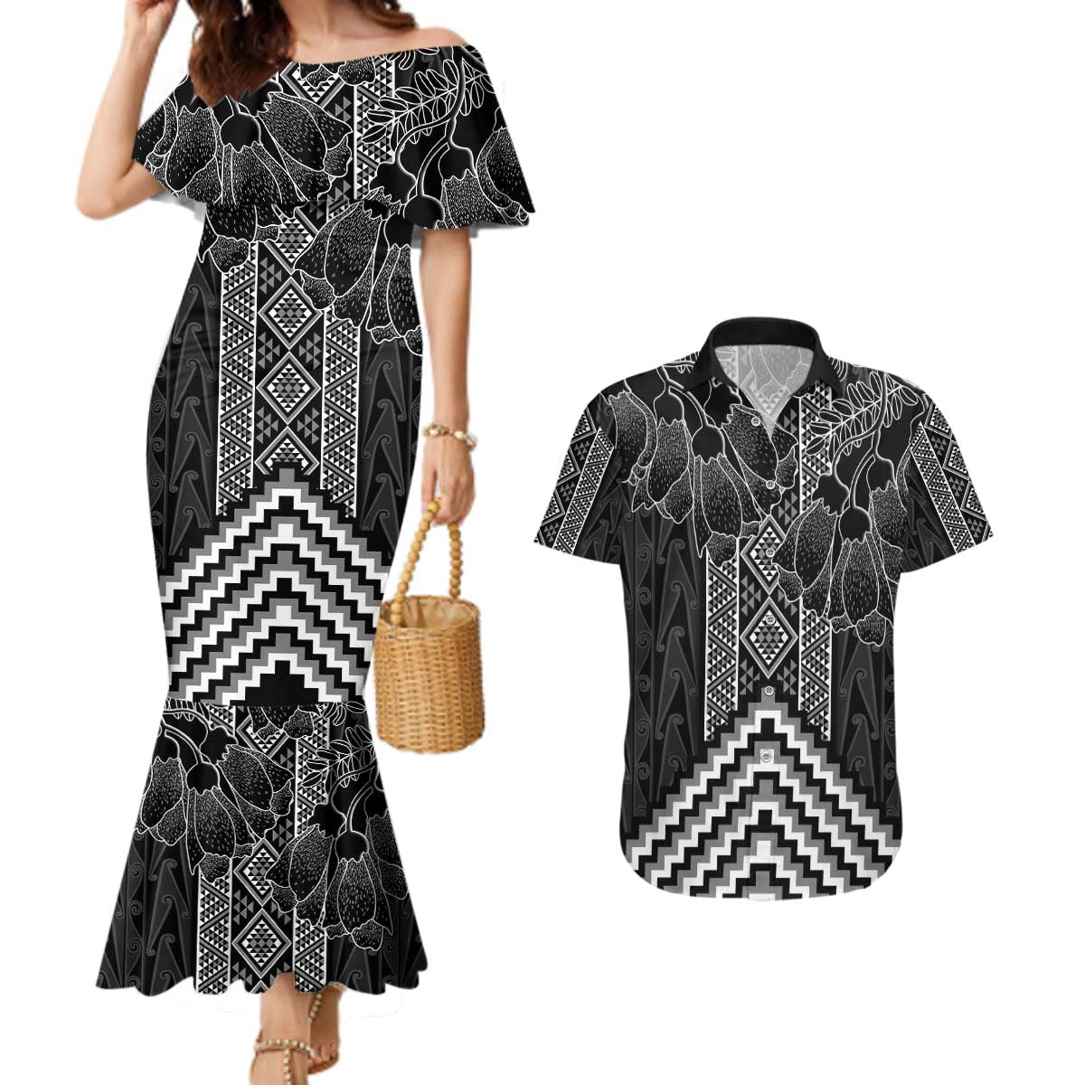 Aotearoa Taniko Pattern Couples Matching Mermaid Dress and Hawaiian Shirt Poutama Mix Kowhai Flowers LT7 Grey - Polynesian Pride