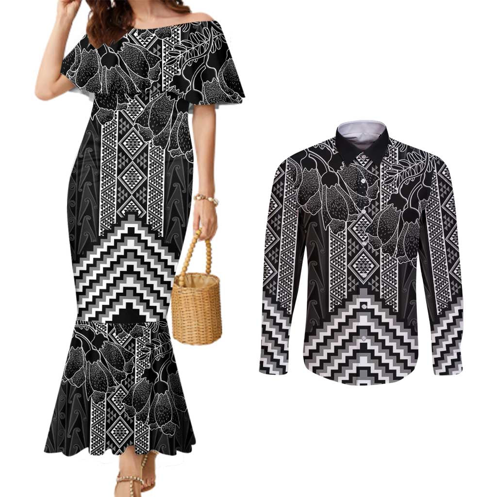 Aotearoa Taniko Pattern Couples Matching Mermaid Dress and Long Sleeve Button Shirt Poutama Mix Kowhai Flowers LT7 Grey - Polynesian Pride