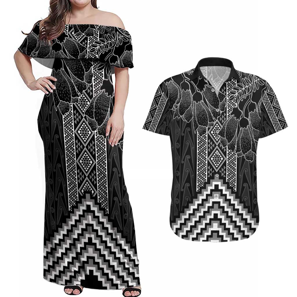 Aotearoa Taniko Pattern Couples Matching Off Shoulder Maxi Dress and Hawaiian Shirt Poutama Mix Kowhai Flowers LT7 Grey - Polynesian Pride
