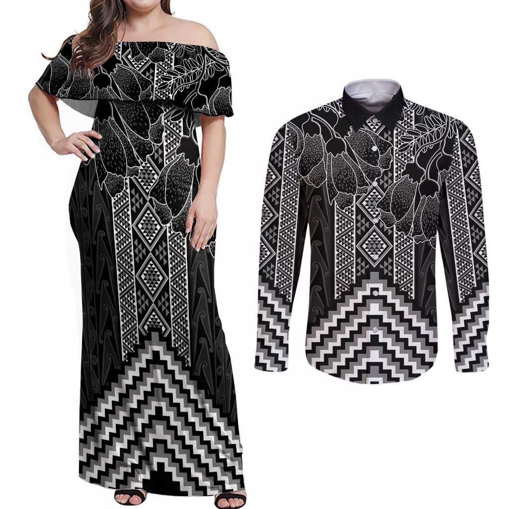 Aotearoa Taniko Pattern Couples Matching Off Shoulder Maxi Dress and Long Sleeve Button Shirt Poutama Mix Kowhai Flowers LT7 Grey - Polynesian Pride