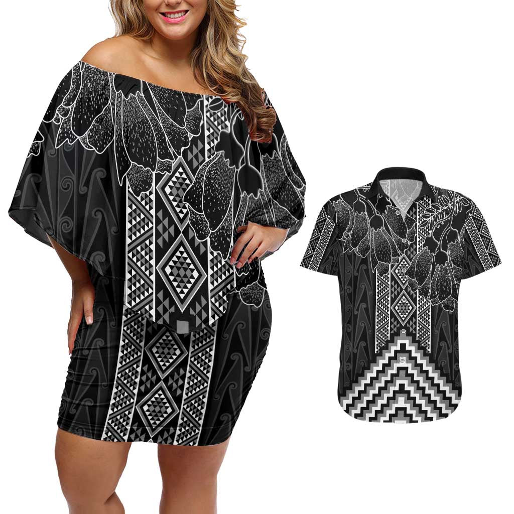 Aotearoa Taniko Pattern Couples Matching Off Shoulder Short Dress and Hawaiian Shirt Poutama Mix Kowhai Flowers LT7 Grey - Polynesian Pride