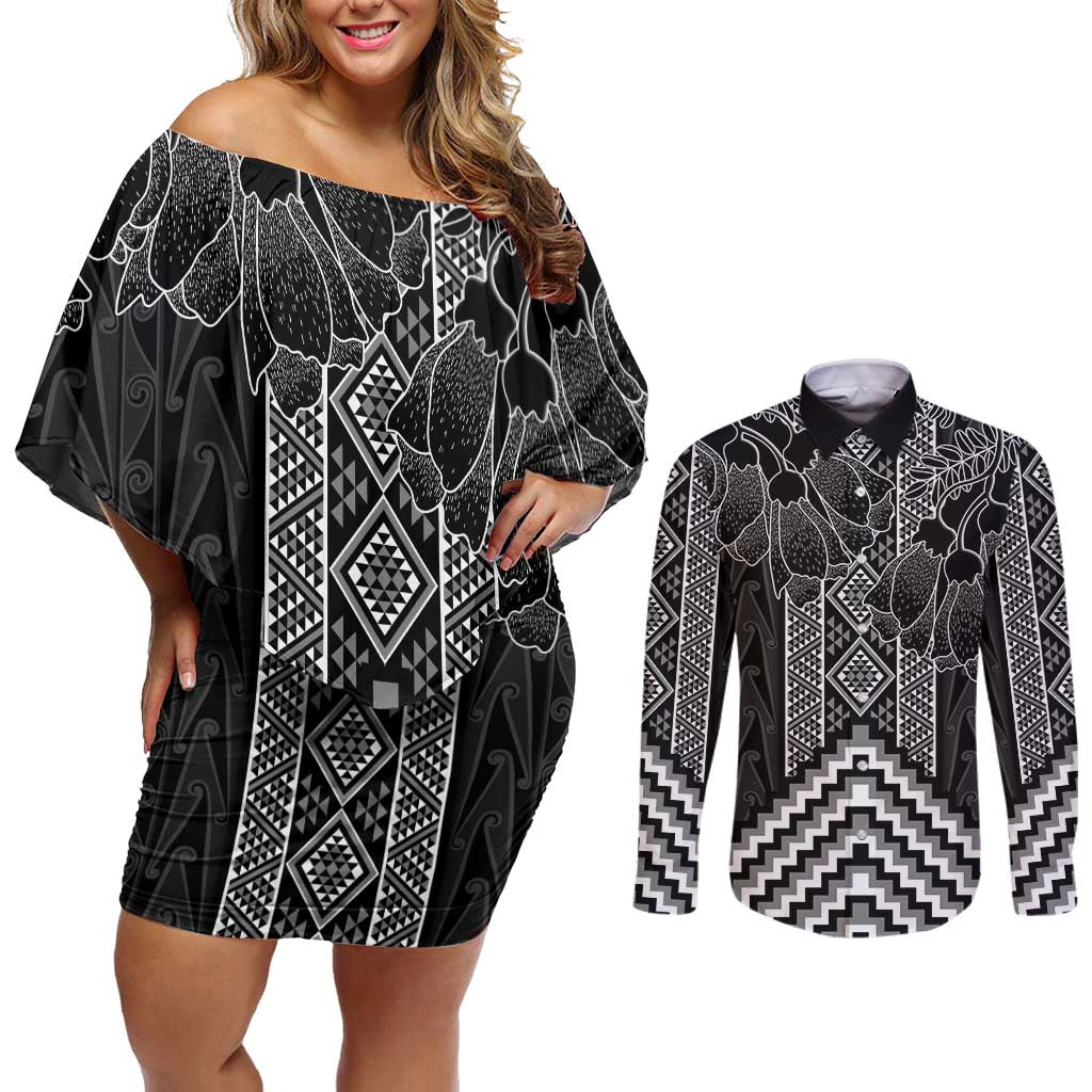 Aotearoa Taniko Pattern Couples Matching Off Shoulder Short Dress and Long Sleeve Button Shirt Poutama Mix Kowhai Flowers LT7 Grey - Polynesian Pride
