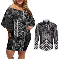 Aotearoa Taniko Pattern Couples Matching Off Shoulder Short Dress and Long Sleeve Button Shirt Poutama Mix Kowhai Flowers