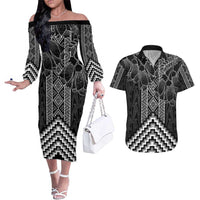 Aotearoa Taniko Pattern Couples Matching Off The Shoulder Long Sleeve Dress and Hawaiian Shirt Poutama Mix Kowhai Flowers LT7 Grey - Polynesian Pride