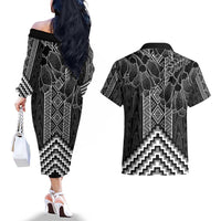 Aotearoa Taniko Pattern Couples Matching Off The Shoulder Long Sleeve Dress and Hawaiian Shirt Poutama Mix Kowhai Flowers LT7 - Polynesian Pride