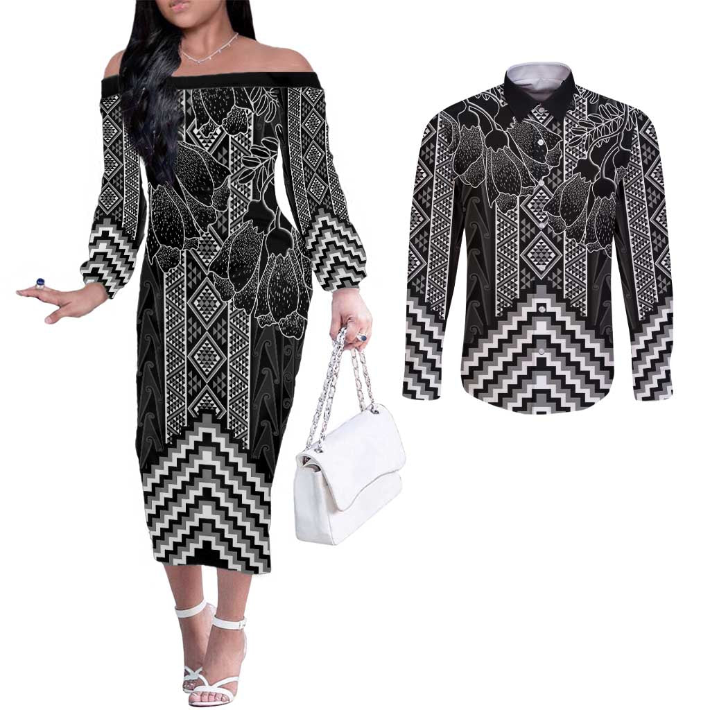 Aotearoa Taniko Pattern Couples Matching Off The Shoulder Long Sleeve Dress and Long Sleeve Button Shirt Poutama Mix Kowhai Flowers LT7 Grey - Polynesian Pride
