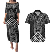 Aotearoa Taniko Pattern Couples Matching Puletasi and Hawaiian Shirt Poutama Mix Kowhai Flowers