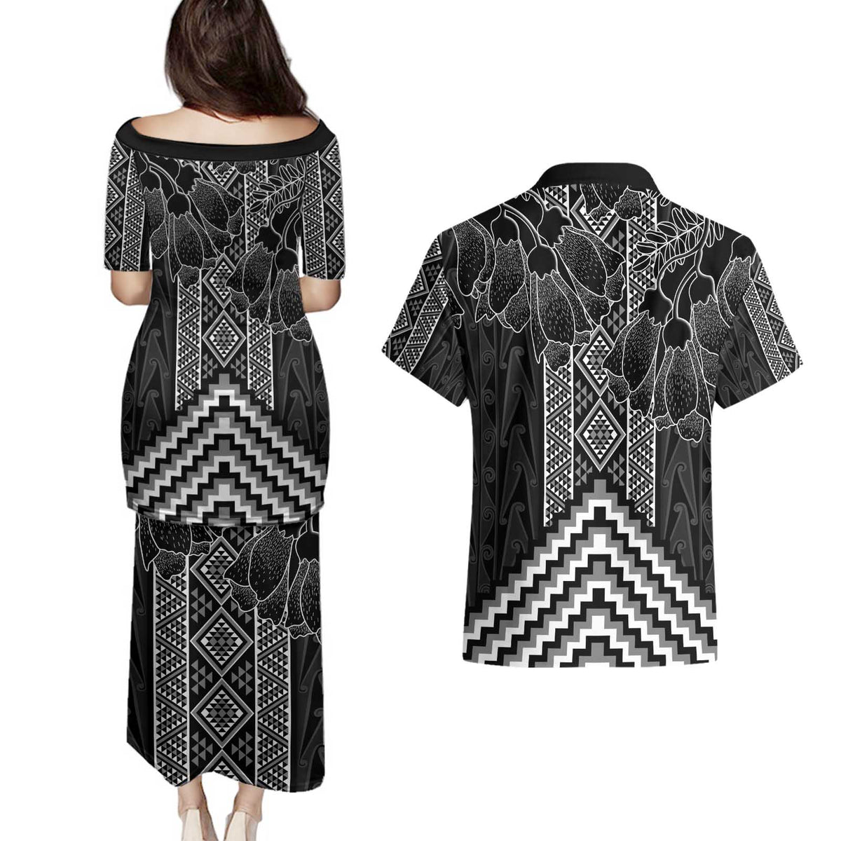 Aotearoa Taniko Pattern Couples Matching Puletasi and Hawaiian Shirt Poutama Mix Kowhai Flowers