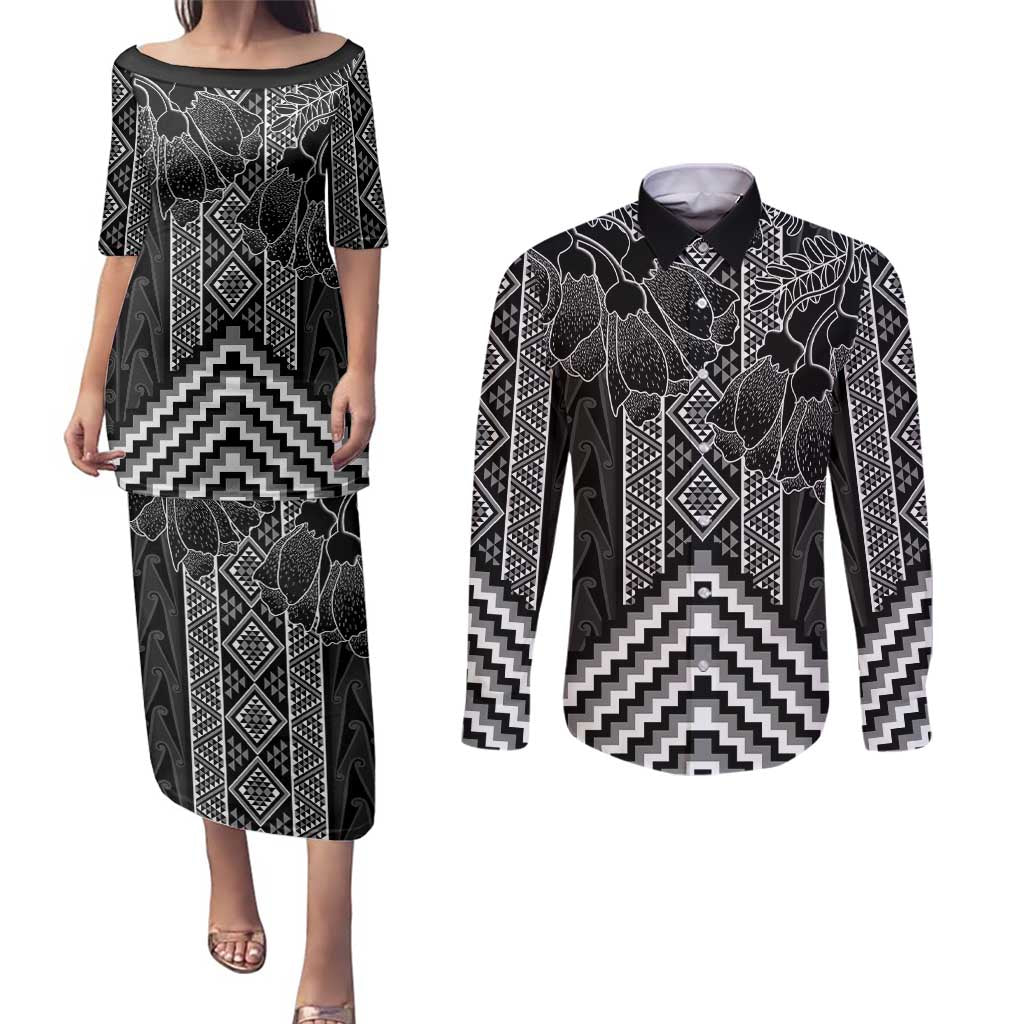 Aotearoa Taniko Pattern Couples Matching Puletasi and Long Sleeve Button Shirt Poutama Mix Kowhai Flowers LT7 Grey - Polynesian Pride
