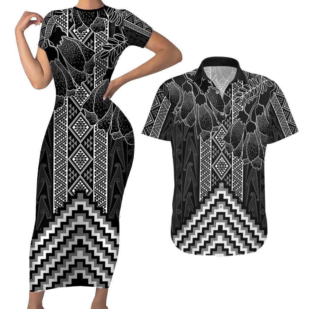 Aotearoa Taniko Pattern Couples Matching Short Sleeve Bodycon Dress and Hawaiian Shirt Poutama Mix Kowhai Flowers LT7 Grey - Polynesian Pride