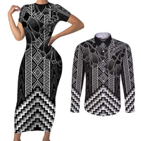 Aotearoa Taniko Pattern Couples Matching Short Sleeve Bodycon Dress and Long Sleeve Button Shirt Poutama Mix Kowhai Flowers LT7 Grey - Polynesian Pride