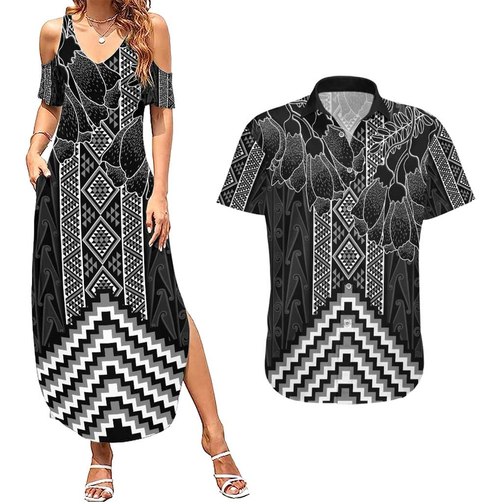 Aotearoa Taniko Pattern Couples Matching Summer Maxi Dress and Hawaiian Shirt Poutama Mix Kowhai Flowers LT7 Grey - Polynesian Pride