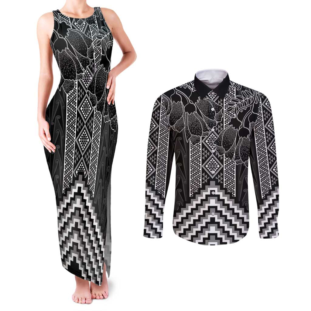 Aotearoa Taniko Pattern Couples Matching Tank Maxi Dress and Long Sleeve Button Shirt Poutama Mix Kowhai Flowers LT7 Grey - Polynesian Pride