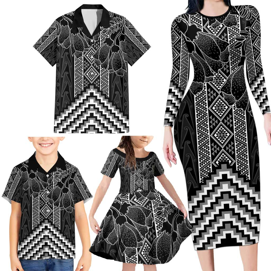 Aotearoa Taniko Pattern Family Matching Long Sleeve Bodycon Dress and Hawaiian Shirt Poutama Mix Kowhai Flowers LT7 - Polynesian Pride