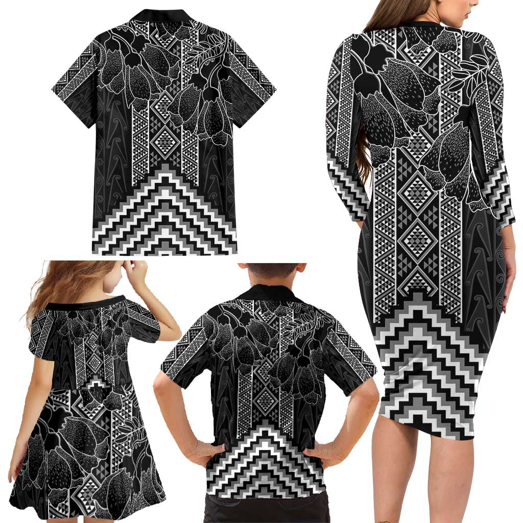 Aotearoa Taniko Pattern Family Matching Long Sleeve Bodycon Dress and Hawaiian Shirt Poutama Mix Kowhai Flowers LT7 - Polynesian Pride