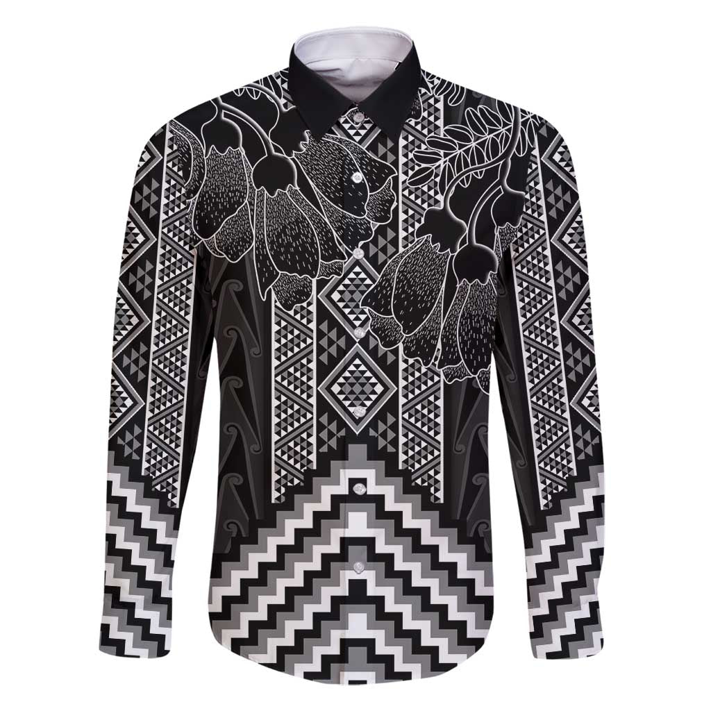 Aotearoa Taniko Pattern Family Matching Long Sleeve Bodycon Dress and Hawaiian Shirt Poutama Mix Kowhai Flowers LT7 Dad's Shirt - Long Sleeve Grey - Polynesian Pride