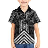 Aotearoa Taniko Pattern Family Matching Long Sleeve Bodycon Dress and Hawaiian Shirt Poutama Mix Kowhai Flowers LT7 Son's Shirt Grey - Polynesian Pride