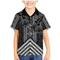Aotearoa Taniko Pattern Family Matching Mermaid Dress and Hawaiian Shirt Poutama Mix Kowhai Flowers LT7 Son's Shirt Grey - Polynesian Pride