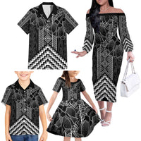 Aotearoa Taniko Pattern Family Matching Off The Shoulder Long Sleeve Dress and Hawaiian Shirt Poutama Mix Kowhai Flowers LT7 - Polynesian Pride