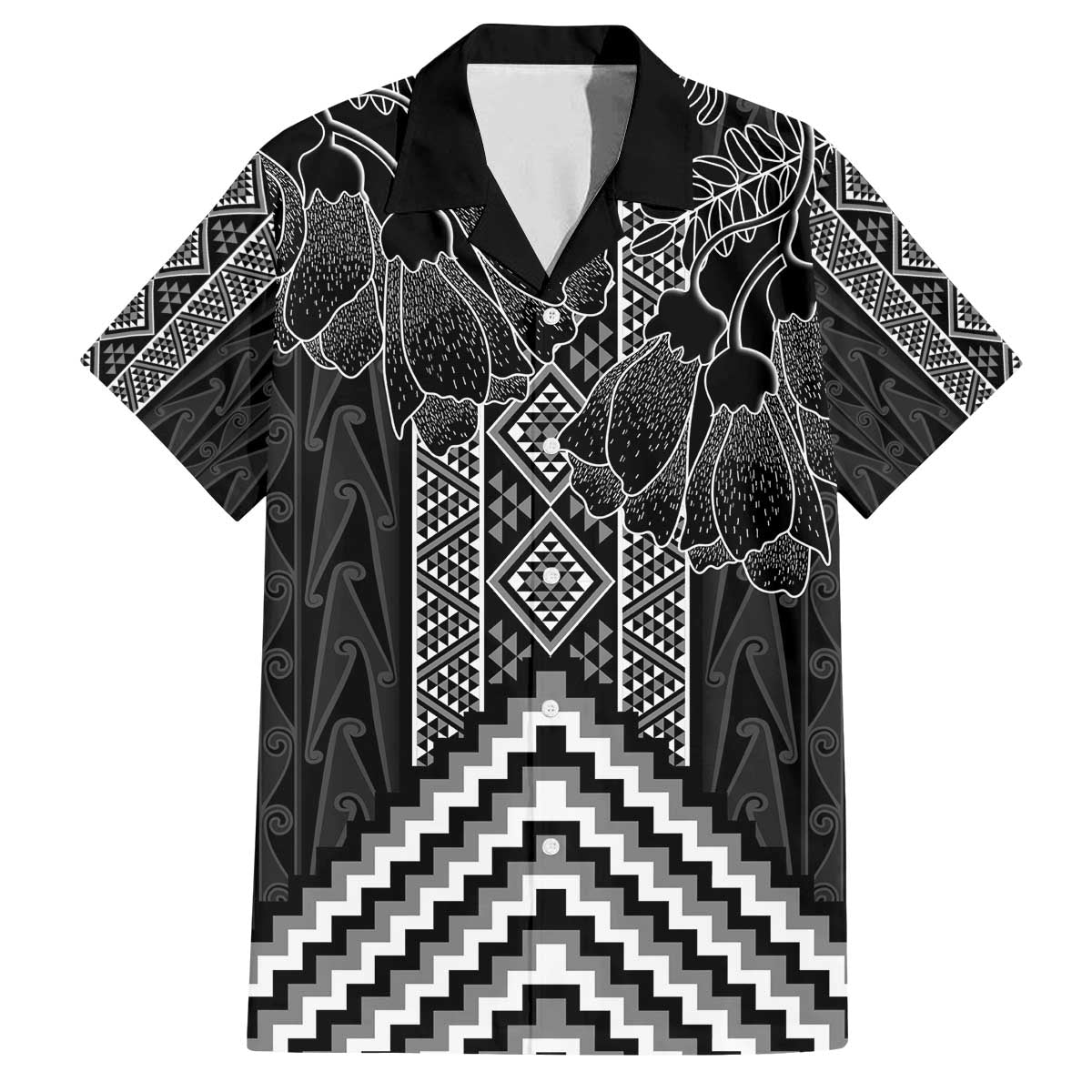 Aotearoa Taniko Pattern Family Matching Off The Shoulder Long Sleeve Dress and Hawaiian Shirt Poutama Mix Kowhai Flowers LT7 Dad's Shirt - Short Sleeve Grey - Polynesian Pride