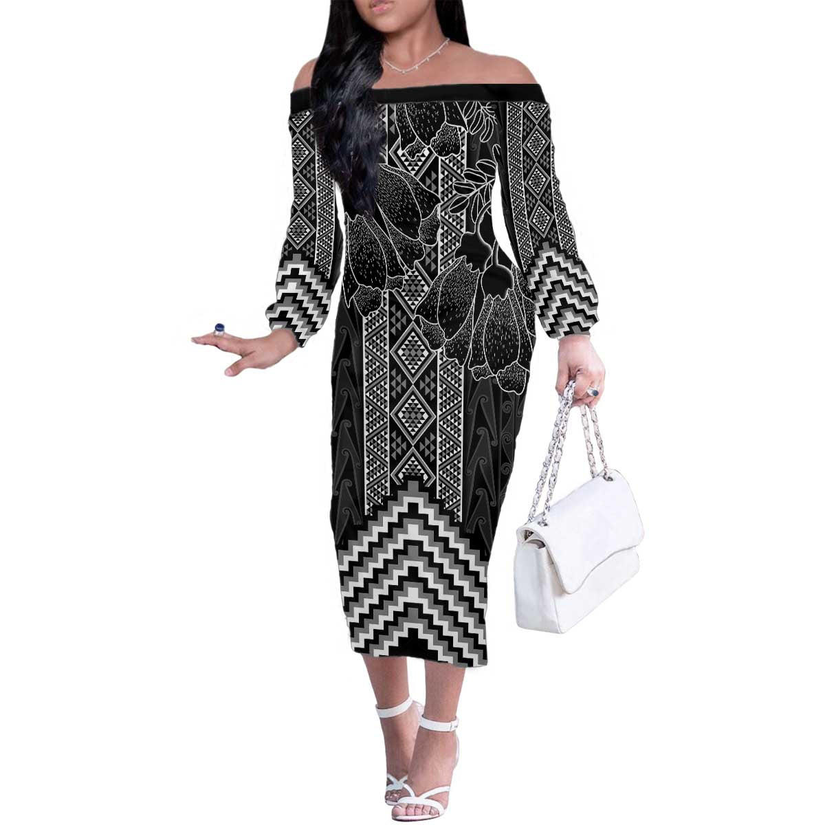Aotearoa Taniko Pattern Family Matching Off The Shoulder Long Sleeve Dress and Hawaiian Shirt Poutama Mix Kowhai Flowers LT7 Mom's Dress Grey - Polynesian Pride
