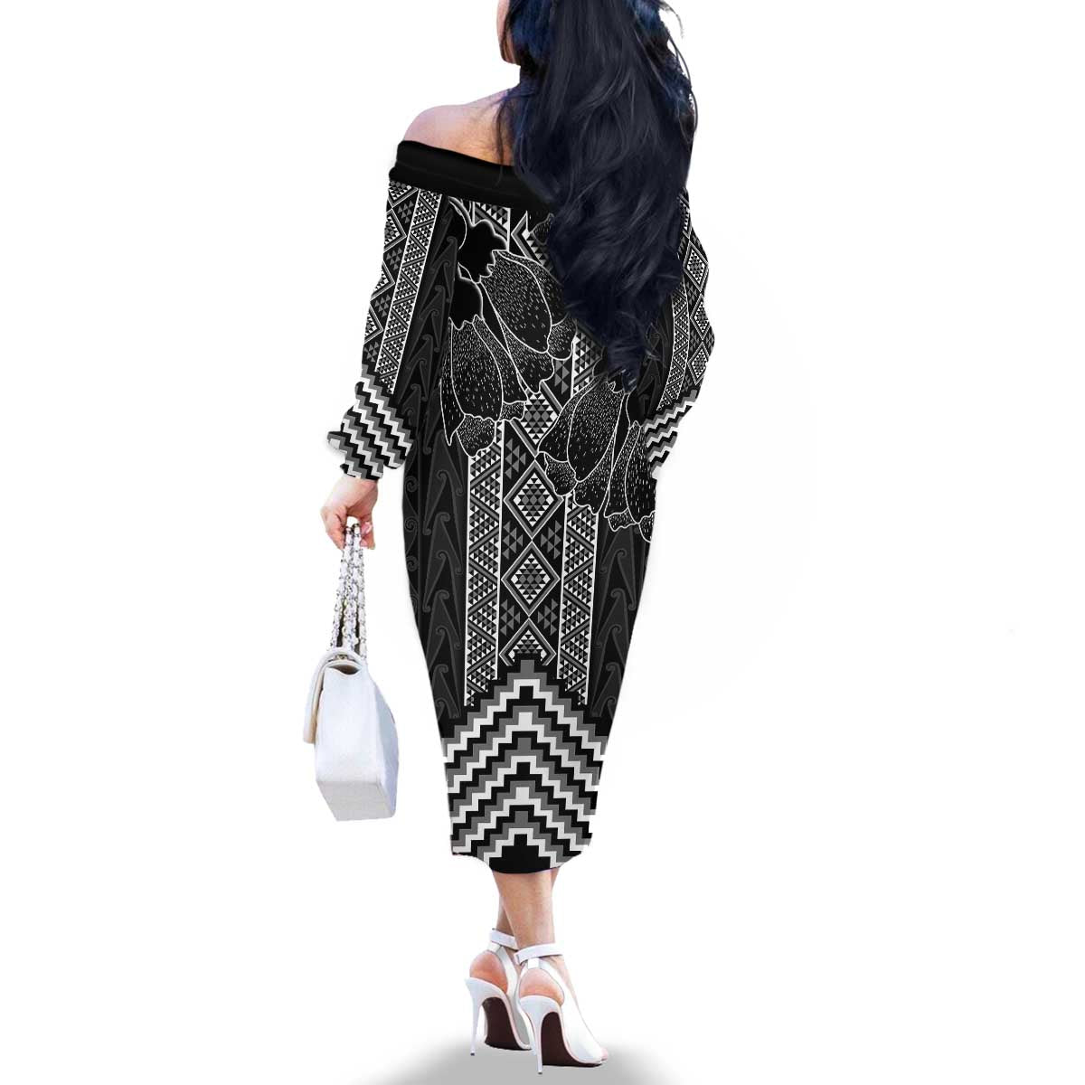 Aotearoa Taniko Pattern Family Matching Off The Shoulder Long Sleeve Dress and Hawaiian Shirt Poutama Mix Kowhai Flowers LT7 - Polynesian Pride