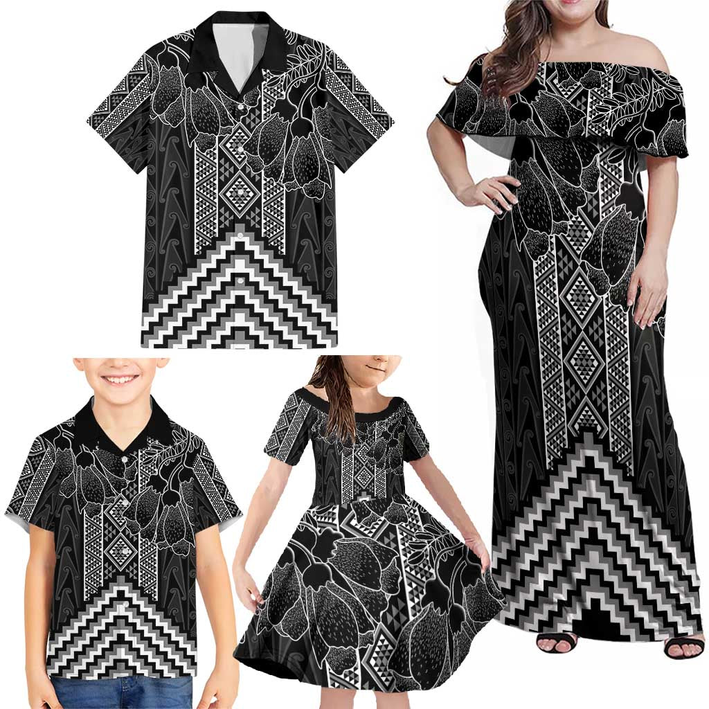 Aotearoa Taniko Pattern Family Matching Off Shoulder Maxi Dress and Hawaiian Shirt Poutama Mix Kowhai Flowers LT7 - Polynesian Pride