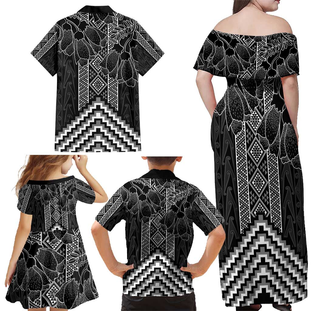 Aotearoa Taniko Pattern Family Matching Off Shoulder Maxi Dress and Hawaiian Shirt Poutama Mix Kowhai Flowers LT7 - Polynesian Pride