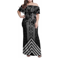 Aotearoa Taniko Pattern Family Matching Off Shoulder Maxi Dress and Hawaiian Shirt Poutama Mix Kowhai Flowers LT7 Mom's Dress Grey - Polynesian Pride