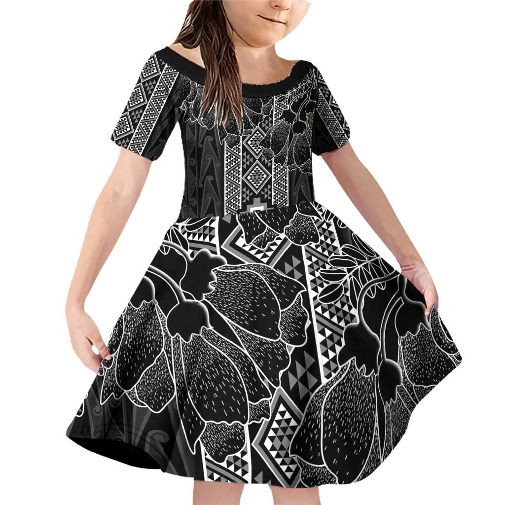 Aotearoa Taniko Pattern Family Matching Off Shoulder Short Dress and Hawaiian Shirt Poutama Mix Kowhai Flowers LT7 Daughter's Dress Grey - Polynesian Pride