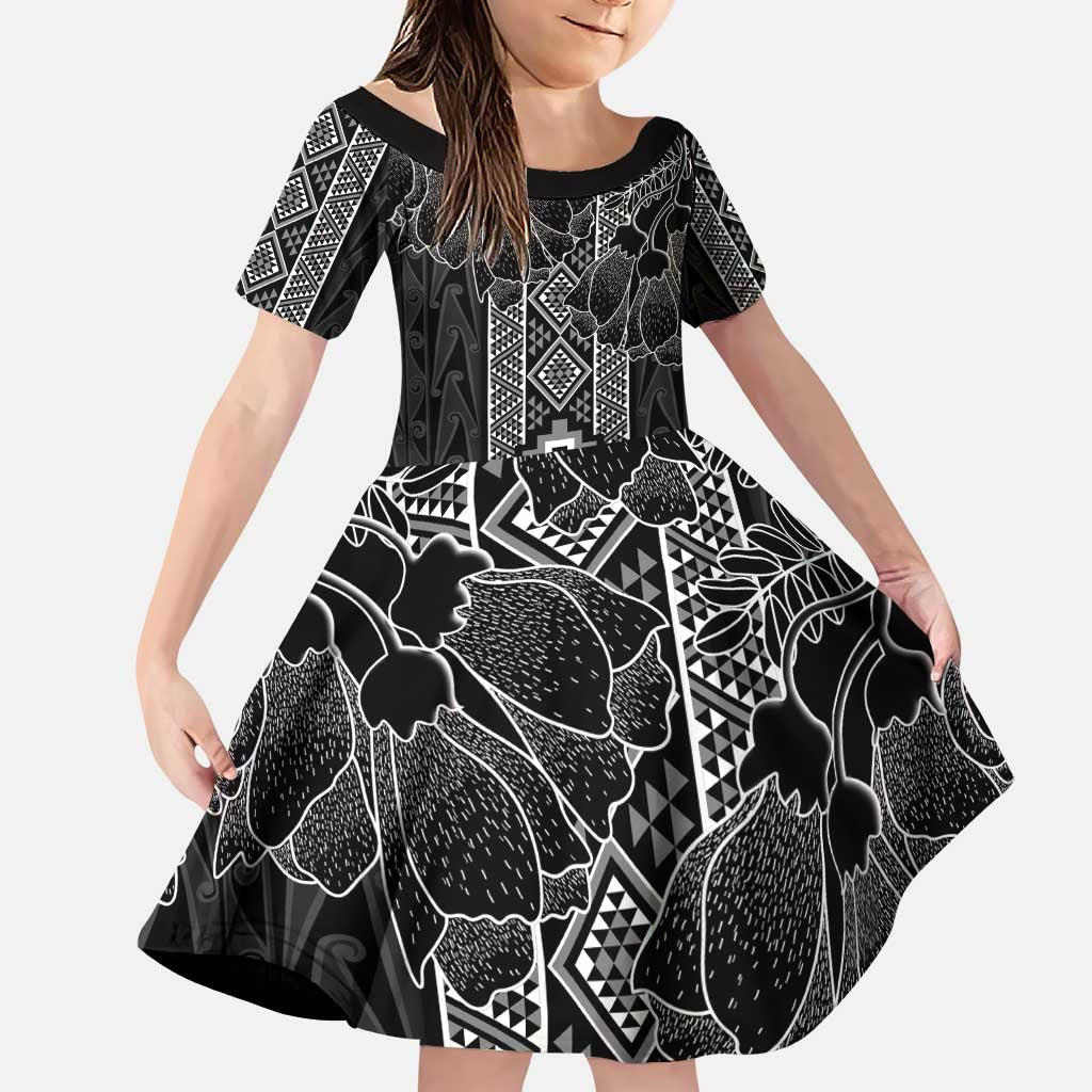 Aotearoa Taniko Pattern Family Matching Puletasi and Hawaiian Shirt Poutama Mix Kowhai Flowers LT7 Daughter's Dress Grey - Polynesian Pride