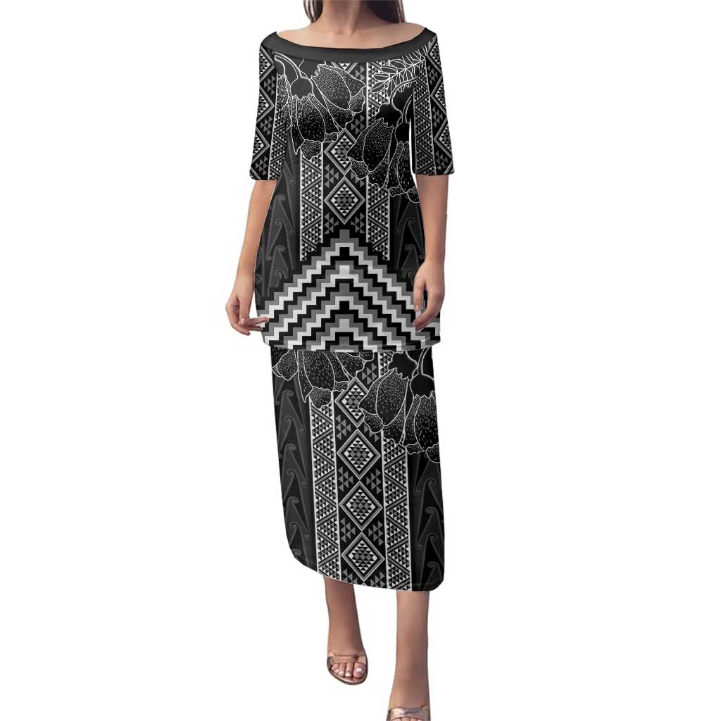 Aotearoa Taniko Pattern Family Matching Puletasi and Hawaiian Shirt Poutama Mix Kowhai Flowers LT7 Mom's Dress Grey - Polynesian Pride
